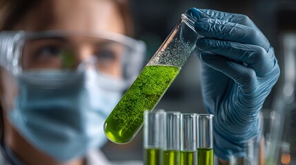 A scientist wea gloves and mask examines green liquid in test tube while working in a laboratory environment for research purposes now.