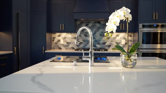 Modern kitchen interior with orchid white countertops blue cabinetry and decorative backsplash elements