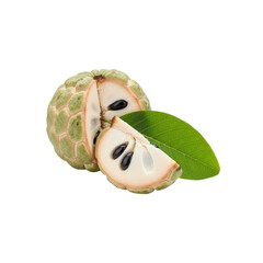 Custard apple with slice and leaf on Transparent Background