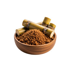 Brown sugar and cut sugarcane in wooden bowl