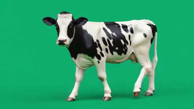 Cow walking on green background, black and white spots, animal motion