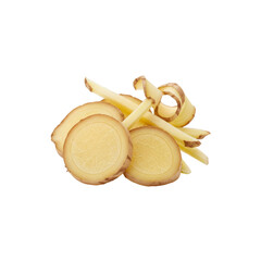 Fresh ginger slices and shreds on Transparent Background