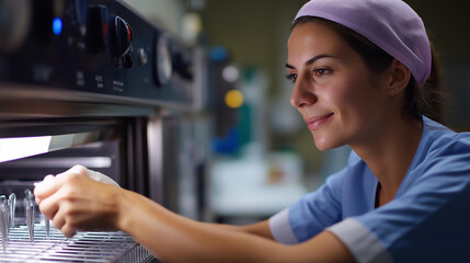 Faceless nurse loading tray of surgical instruments into autoclave machine for sanitization autoclaving sterilization of medical instruments central supply processing