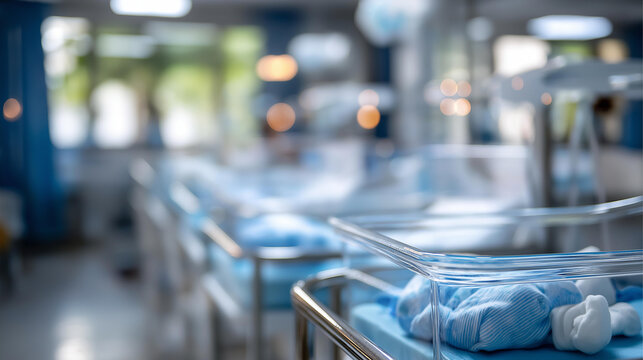 Baby beds arranged in hospital nursery blurred background with white cradles defocused infant care area newborn ward environment pediatric healthcare facility soft focus