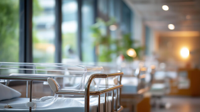 Baby beds arranged in hospital nursery blurred background with white cradles defocused infant care area newborn ward environment pediatric healthcare facility soft focus