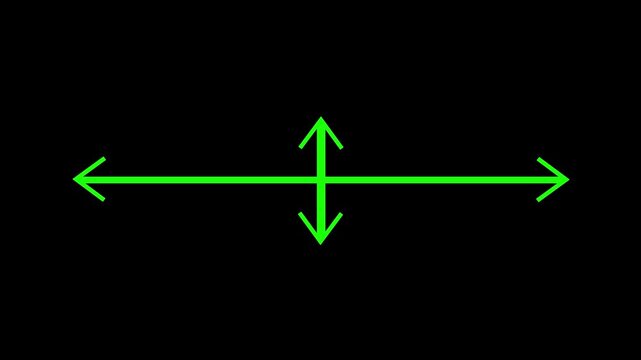 Bright neon green 4-way arrow and coordinate axis animation on black. High-contrast motion graphic for technology and gaming navigation UI.