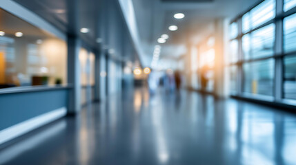 Fototapeta premium Blurred corridor of modern hospital or clinic creating soft background for healthcare design use defocused medical facility hallway abstract clinical environment intentional