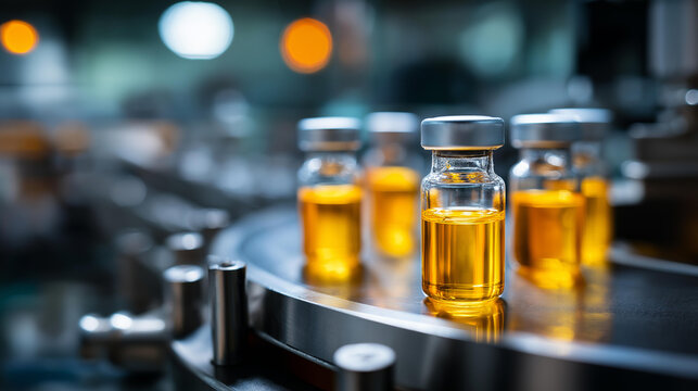 Vials of liquid medication moving along production line in pharmaceutical manufacturing facility medicine and vaccine production concept close up shot sterile drug