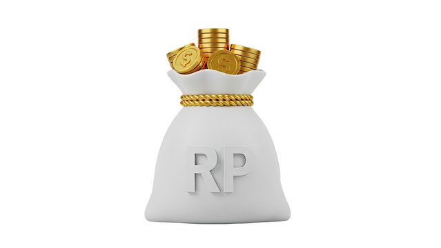 White money bag overflowing with gold coins and 'RP' symbol