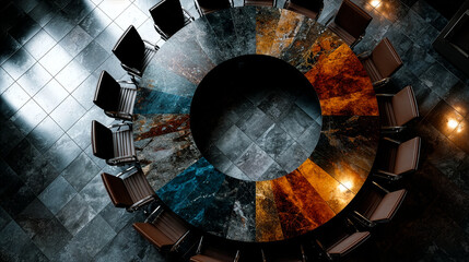 Overhead View of Round Marble Conference Table - Modern Office Design