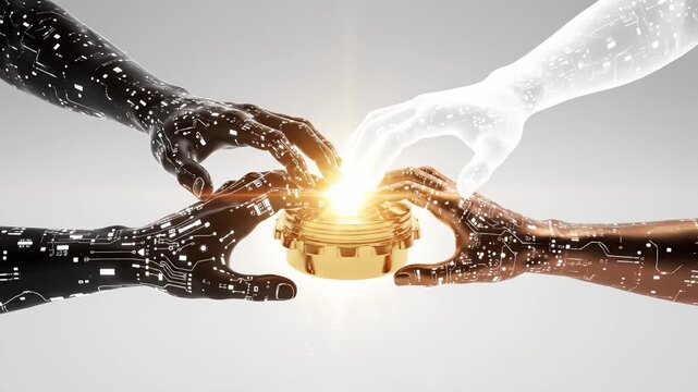 Hands of Different Races Touching Mysterious Golden Device Together