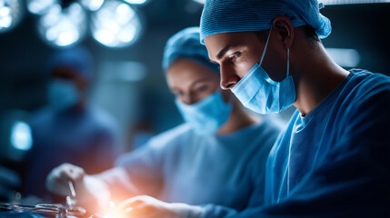 Faceless team of surgeons working diligently in sterile operating room focused on performing critical surgical operation defocused surgical staff medical teamwork operating