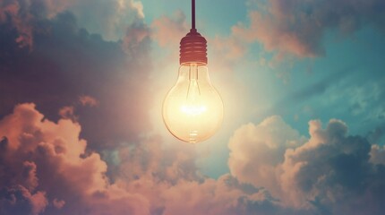 Glowing Light Bulb Floating In Cloudy Sky, Creative Idea And Inspiration Concept, Symbol Of Innovation And Insight, Dreamy Atmospheric Scene With Soft Light And Imagination Mood