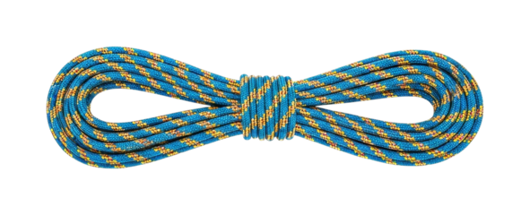 Colorful blue climbing rope with yellow and orange patterns is neatly coiled in a figure-eight shape, ready for challenging outdoor adventures.