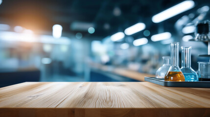 Empty wooden table surface in foreground with blurred modern scientific laboratory background innovation biotech and medical discovery themes defocused research facility