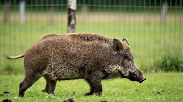 A wild boar running across a grassy field in a natural setting.