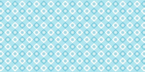 Fototapeta premium Light blue gingham plaid pattern with white snowflakes, winter geometric background. winter snowflake pattern on light blue gingham background, festive holiday plaid.
