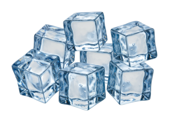 Several clear ice cubes with a subtle blue tint and glistening water droplets are stacked together, creating a refreshing and cool visual.