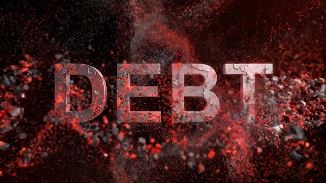 Text Debt Being Created With Particles on Black Background Animation