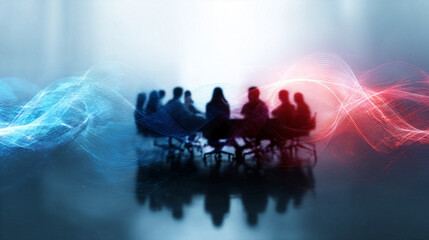 Silhouette Business Team Meeting with Abstract Sound Waves - Communication Concept