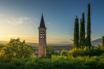 Naklejka premium Spoleto Cathedral Bell Tower at Sunset, Umbria Landscape, Italy