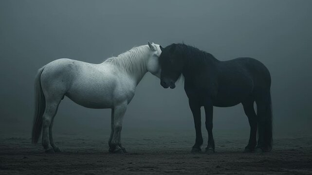 Two horses white and black embracing in the fog showing companionship and connection