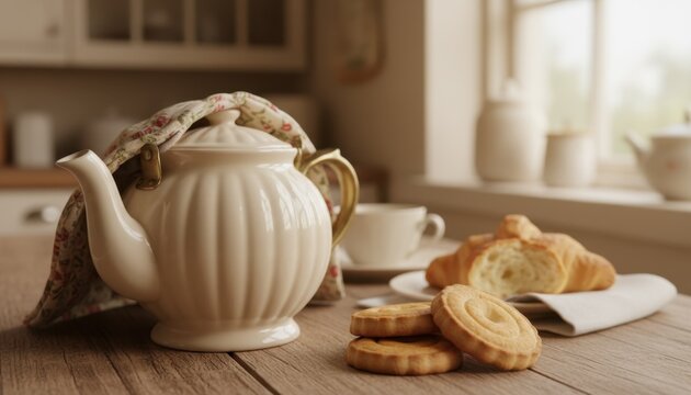 Cozy Morning Kitchen Scene With Teapot Croissant And Biscuits On Wooden Table With Soft Natural Light Stream Through Window