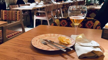 Quiet Meal With Vacant Plate, Tranquil Restaurant Setting With Untouched Plate And Drink, Calm And Silent Dining Atmosphere With Untouched Dish And Beverage After Satisfying Meal