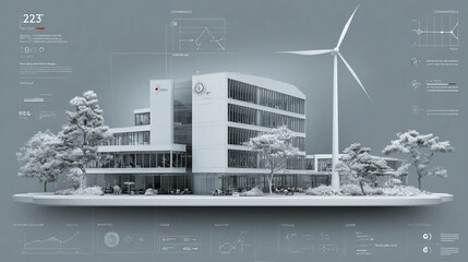 Smart thermostat office temperature diagram, energy-efficient climate control, sustainable building operations, eco-friendly HVAC integration, renewable energy usage, modern technical schematic