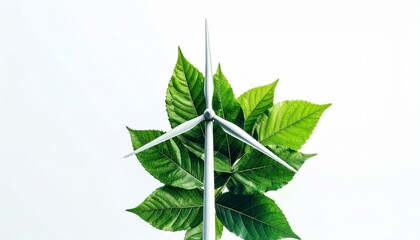 Conceptual image of a wind turbine with green leaves as blades, symbolizing renewable energy and sustainability. Eco-friendly power generation for a clean environment on a white isolated background.