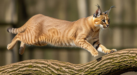 Caracat leaps with strong legs across a branch in a natural setting during daylight hours