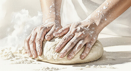 Hands knead dough with flour dust in a kitchen during baking time