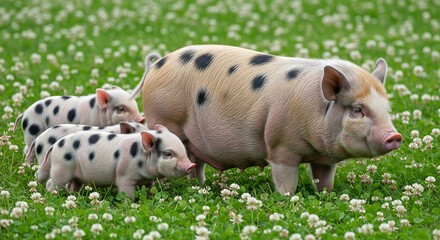 Minipigs jumping and playing in the grass during a sunny day with joy and energy