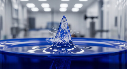 Microscopic crystals grow rapidly and cover a seed crystal in a lab setting during a crystallization experiment