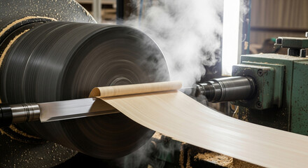 Veneer peel process shows thin wood sheets being separated from a spinning log at a woodworking facility