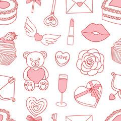 valentine's day seamless texture with coquette elements. seamless pattern with valentine elements in sketch style. 