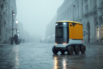 Automated delivery robot awaits orders in rainy conditions, showcasing modern delivery innovations