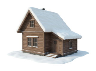 Rustic wooden log cabin house covered in snow, featuring a charming pitched roof and multiple windows, evoking a cozy winter scene.
