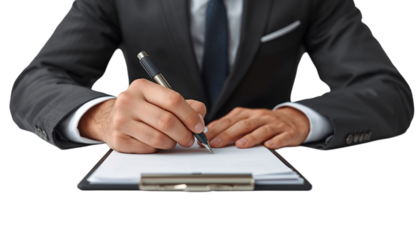A businessman signing a document on a clipboard with a pen in a formal setting on