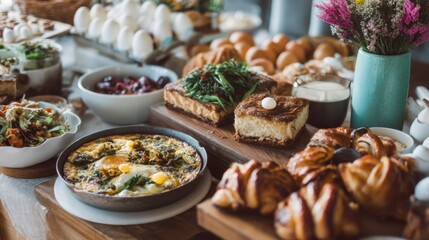 A large table features a variety of foods such as salads breads and baked goods along with drinks. The scene shows a relaxed brunch setup in a bright space filled with natural light.