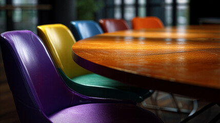 Colorful Office Chairs Around Round Wooden Meeting Table - Modern Workplace