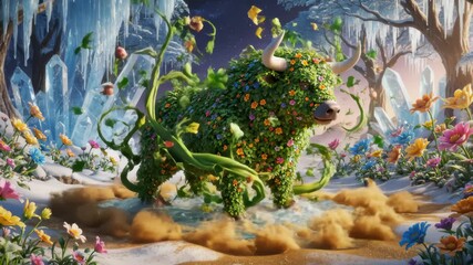 Bear Turns Into Taurus With Flower Covering in a Winter Landscape