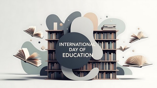Abstract illustration featuring a minimalist bookshelf and floating open books, celebrating the International Day of Education with modern graphic shapes and a soft color palette.