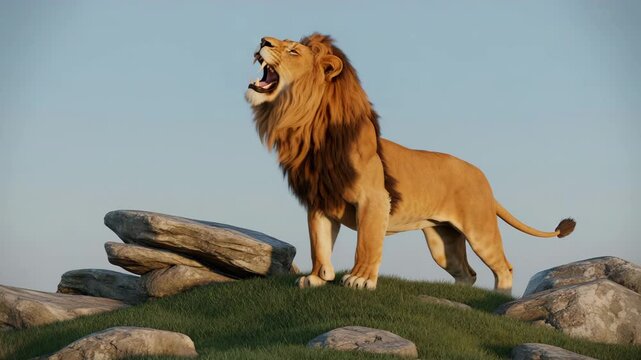Powerful lion roar standing tall on rocky outcrop at sunrise