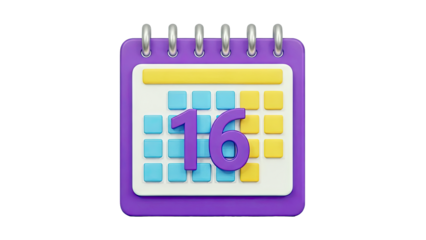 3D Cartoon Calendar Icon with Number 16