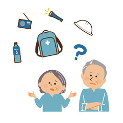 防災　防災用品を考えるシニアのイラスト