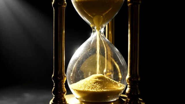 hourglass with sand flowing, time passing, glass container