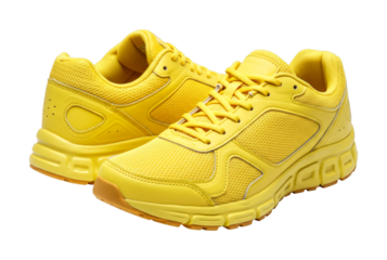 Pair of bright yellow athletic running shoes designed for comfort and performance, showcasing vibrant color and modern design for active lifestyles.
