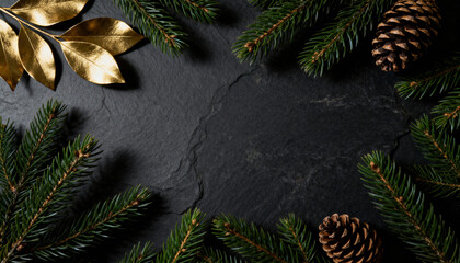 Evergreen branches and pine cones frame dark slate surface with copyspace