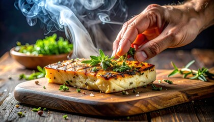 Chef Garnishes Grilled Halloumi Cheese with Fresh Herbs on Wooden Board with Steam Rising Appetizing Food Preparation CloseUp